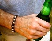 Brown Leather Bracelet Silver Bead Chunky Men's Leather Bracelet Mens Bracelet