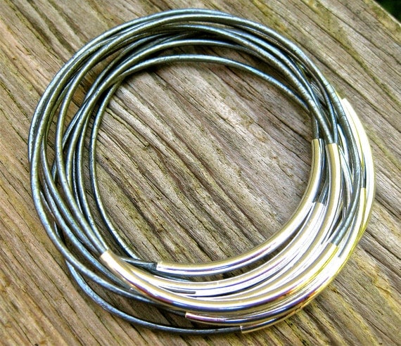 Leather Bangles Skinny Silver Set of 10 Stacking Bangle Bracelets Best Seller Amy Fine Design