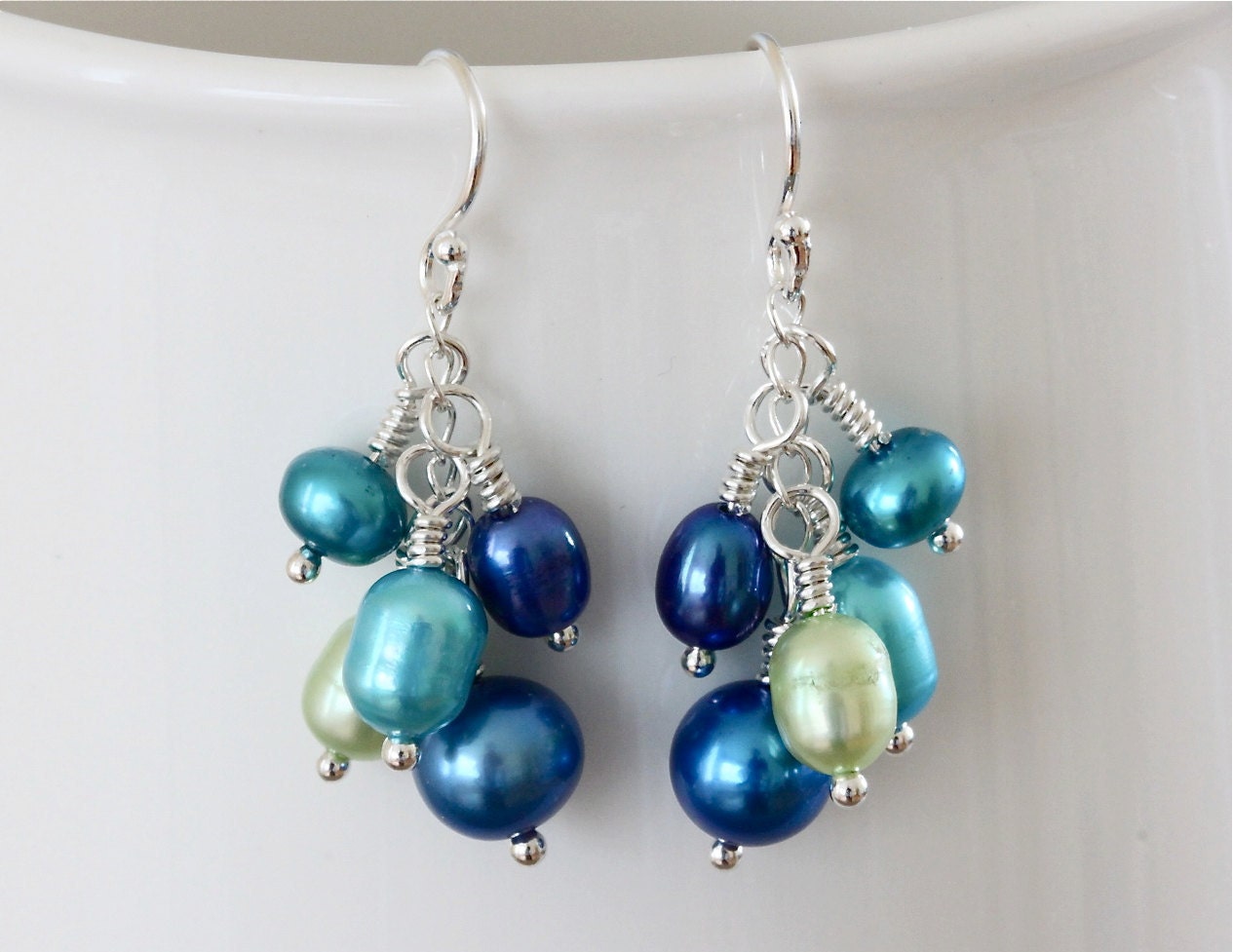 Blue Pearl Earrings, Cluster Earrings, Sterling Silver Earrings, Pearl Bridal Jewelry
