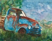 2 Old Chevy Trucks winter snowy spring summer green giclee watercolor prints - Two 11x14 prints