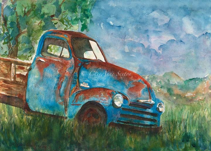 2 Old Chevy Trucks winter snowy spring summer green giclee watercolor prints - Two 11x14 prints