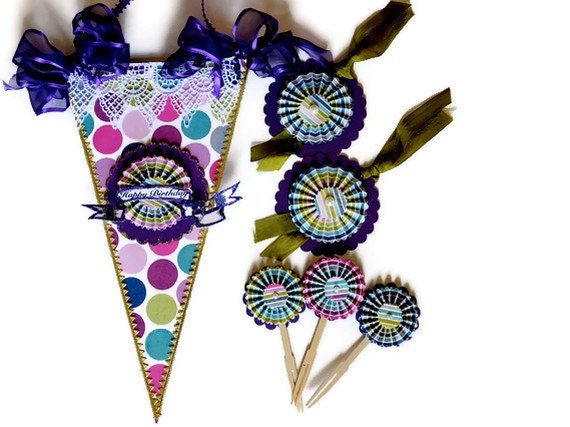 Pennant Party Decoration Set/ Pennet/ 6 Cupcake toppers/ 4 Gift Tags