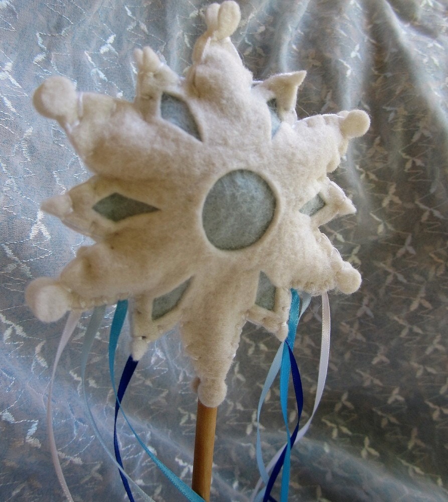 Magic snowflake play wand, wool stuffed, wool felt on wooden wand