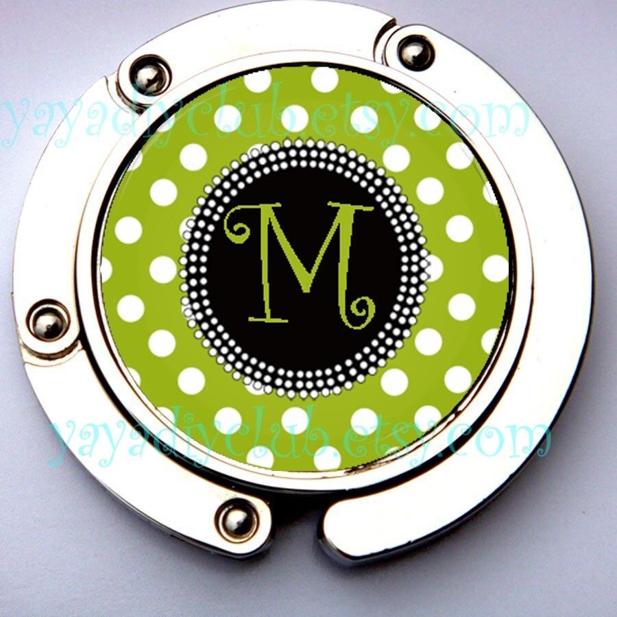 Monogrammed Gifts Custom Personalized Purse Hooks Bag Hanger Handbag Holder - white POLKA DOTS on GREEN - Your Choice of Initial Monogram