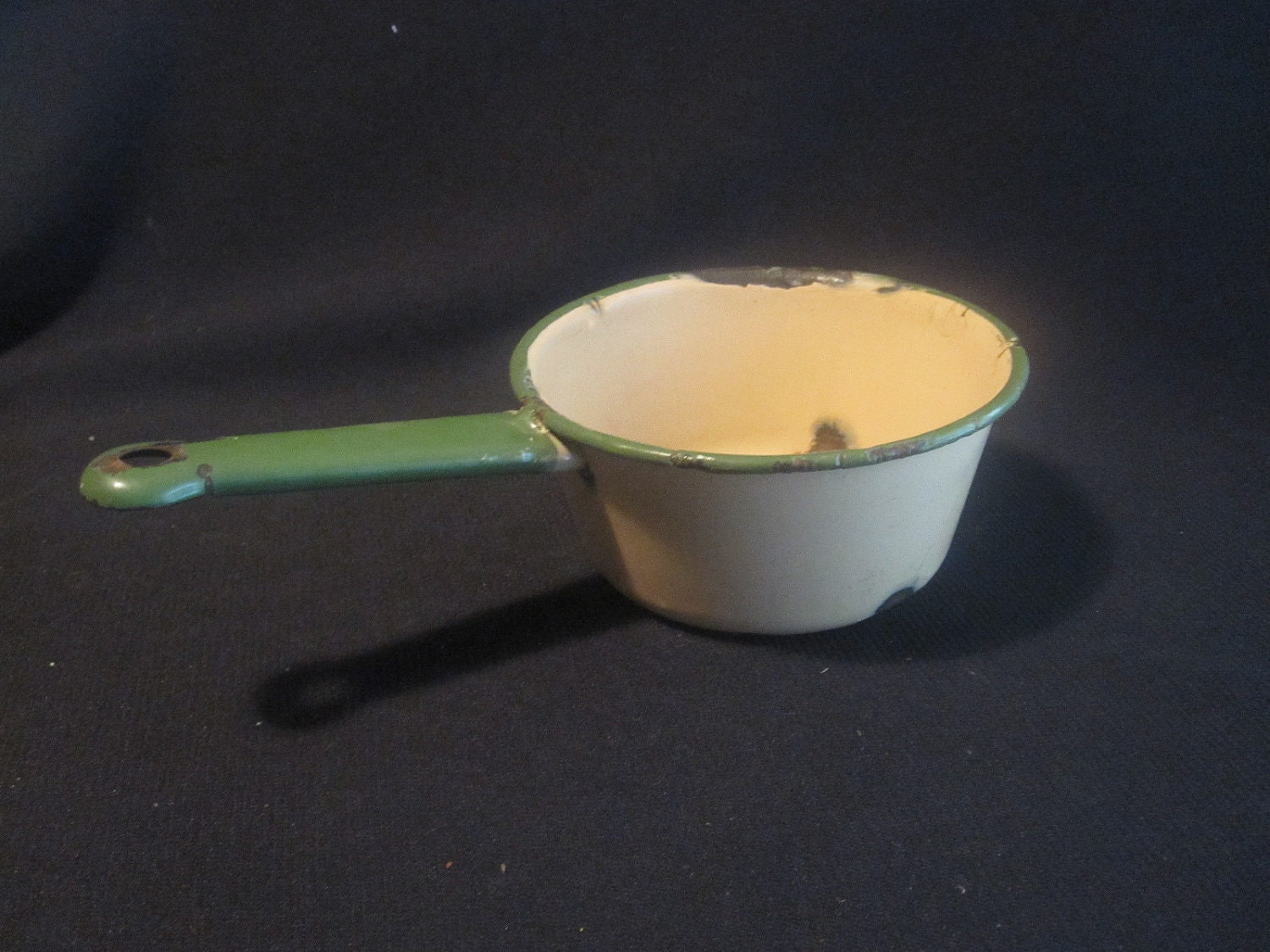 Vintage Small Cream and Green Enamelware Pan