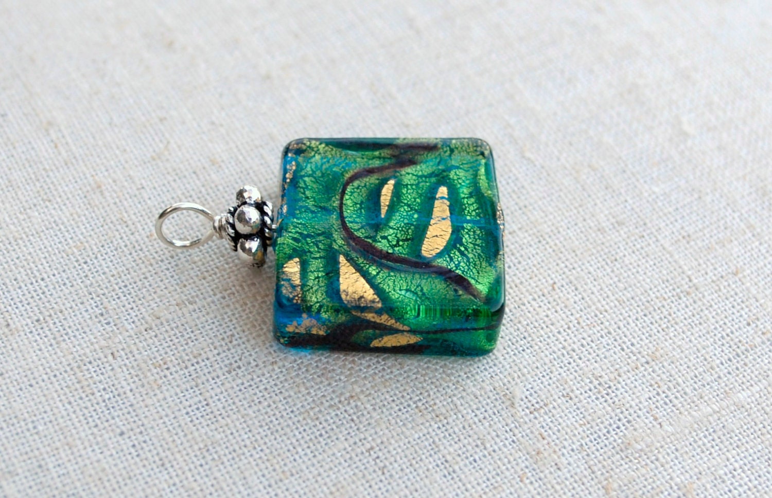 Venetian glass necklace, green square pendant, adjustable leather necklace, Murano glass jewelry by Dolce Beada