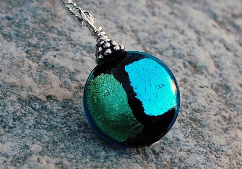 Petite Venetian necklace in teal on sterling silver chain, gold and silver foil necklace, dainty pendant, aqua and black Venetian jewelry