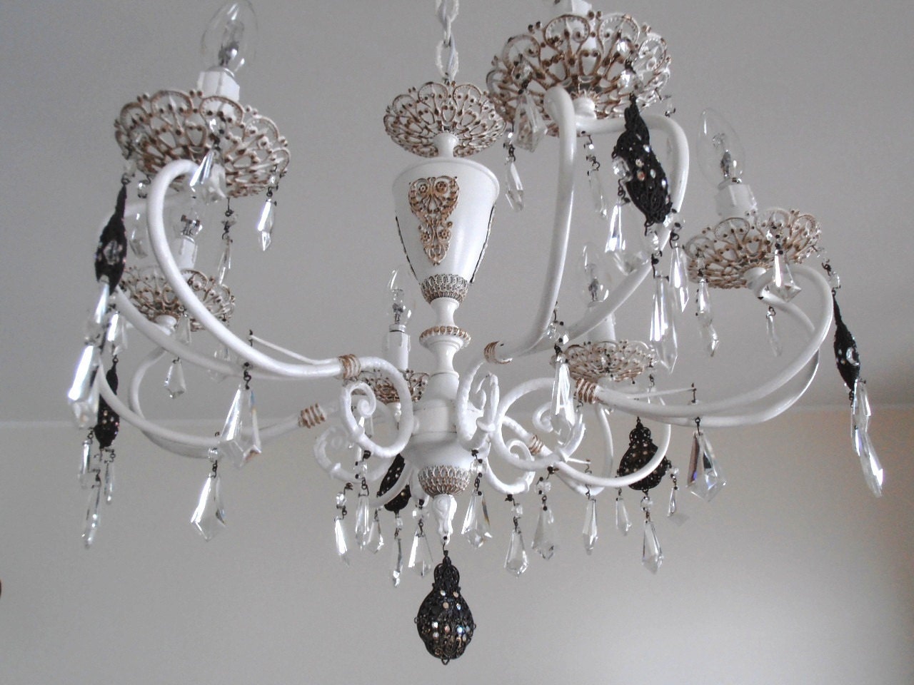 1950s, brass vintage chandelier, Italy shabby chic white, glass crystals, treasury item, strass, one-of-a-kind