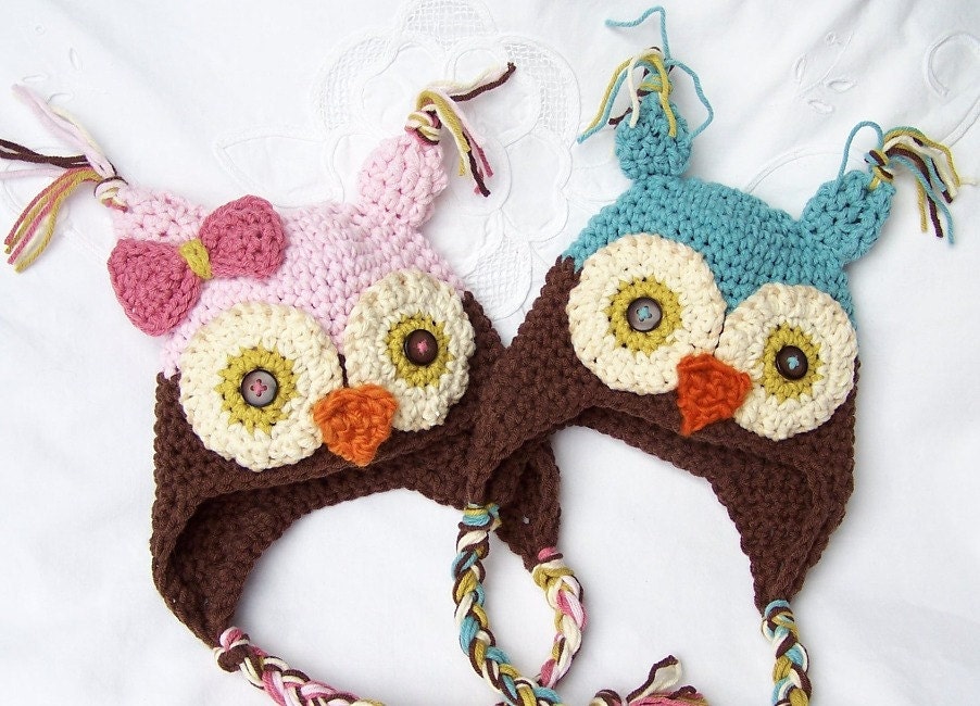 Twins set Owl Earflap Hats Newborn photo prop hat