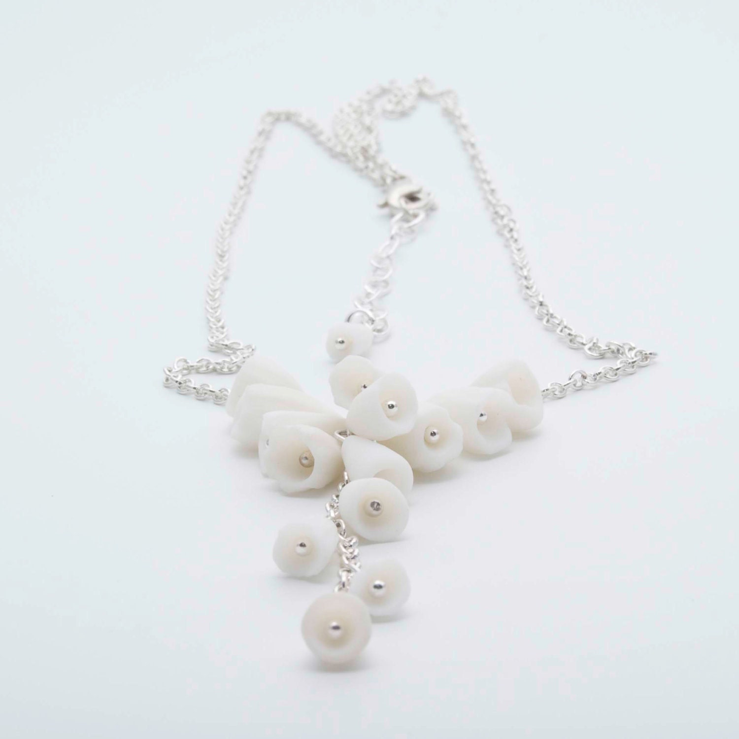 Los Cancajos Porcelain and Sterling Silver Necklace - White Flowers- Free Gift Wrapping