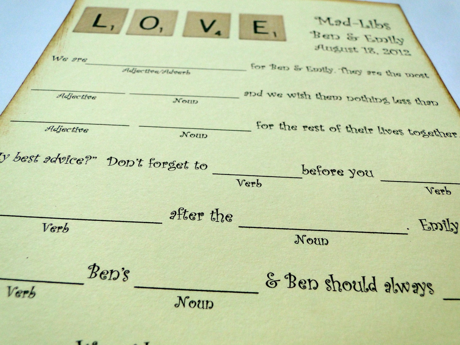 Wedding Guest Book Alternative Mad-Lib Cards - Set of 50 - Scrabble "LOVE" Cards