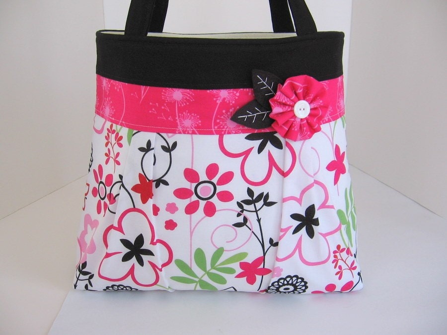 Pink and Black Blossoms Pleated A-Line Bag