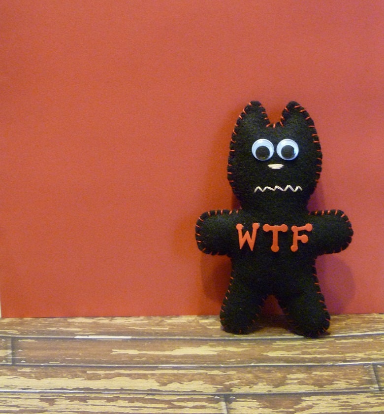 wtf cat / gifts for guys / men / stuffed animal office computer desk decor / mature adult dude birthday gift / black and red