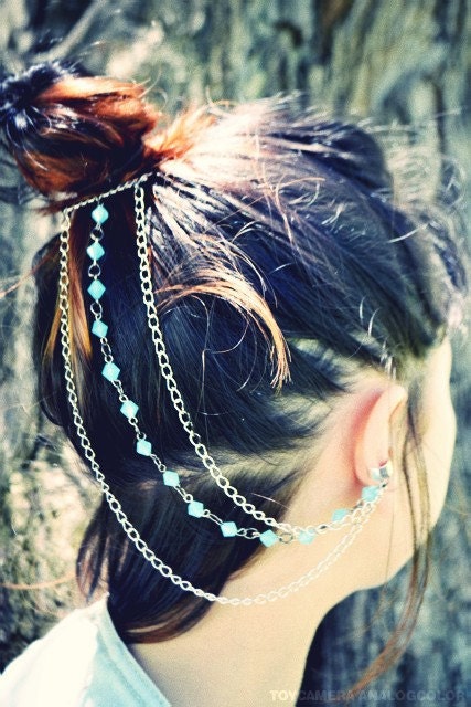 Silver Chain Ear Cuff- Blue Beaded
