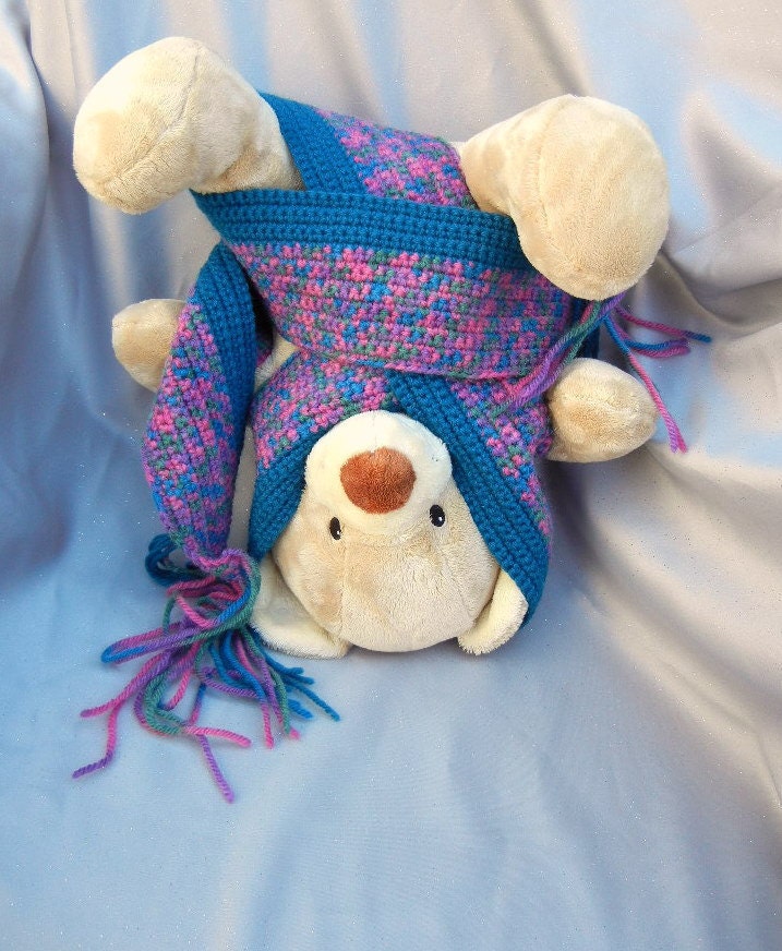 Wool Crochet Scarf Teal Fuchsia Green and Lavender Scrap Happy