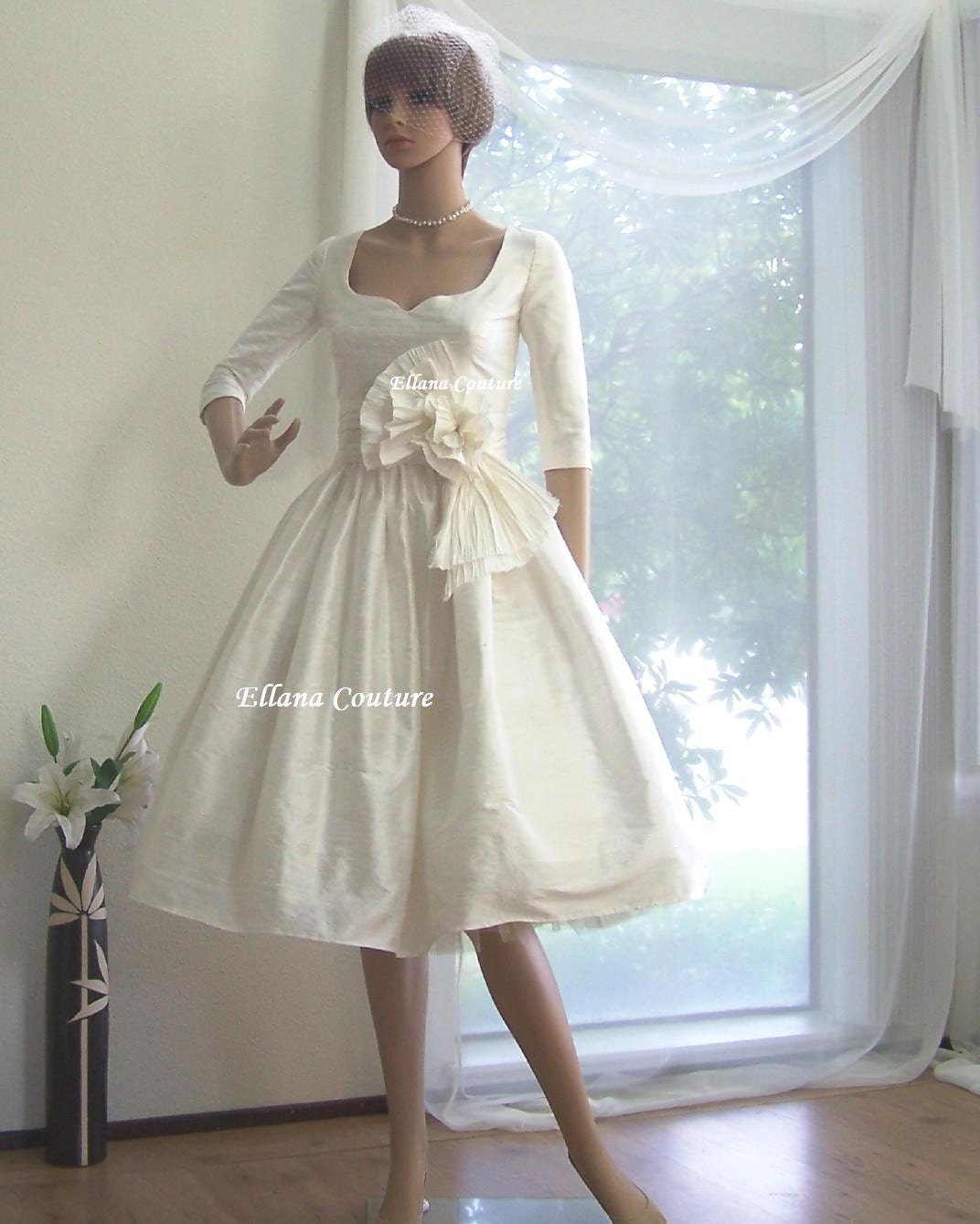 Marianne - Vintage Inspired Wedding Dress with 3/4 sleeves. Tea Length. Gorgeous Dupioni SILK.