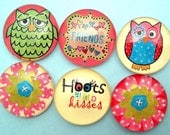 Friends Magnet Set - Owls Pink Green and Cream - Inch Round Premium Glass