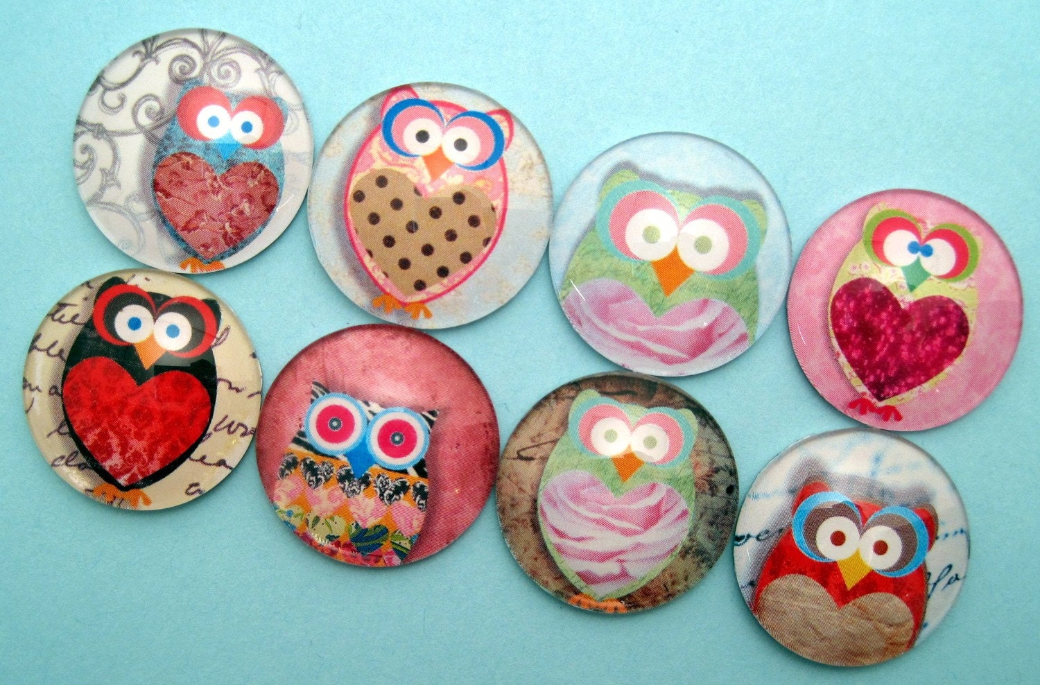 Owl Magnets - Inch Domed Glass - Set of Eight
