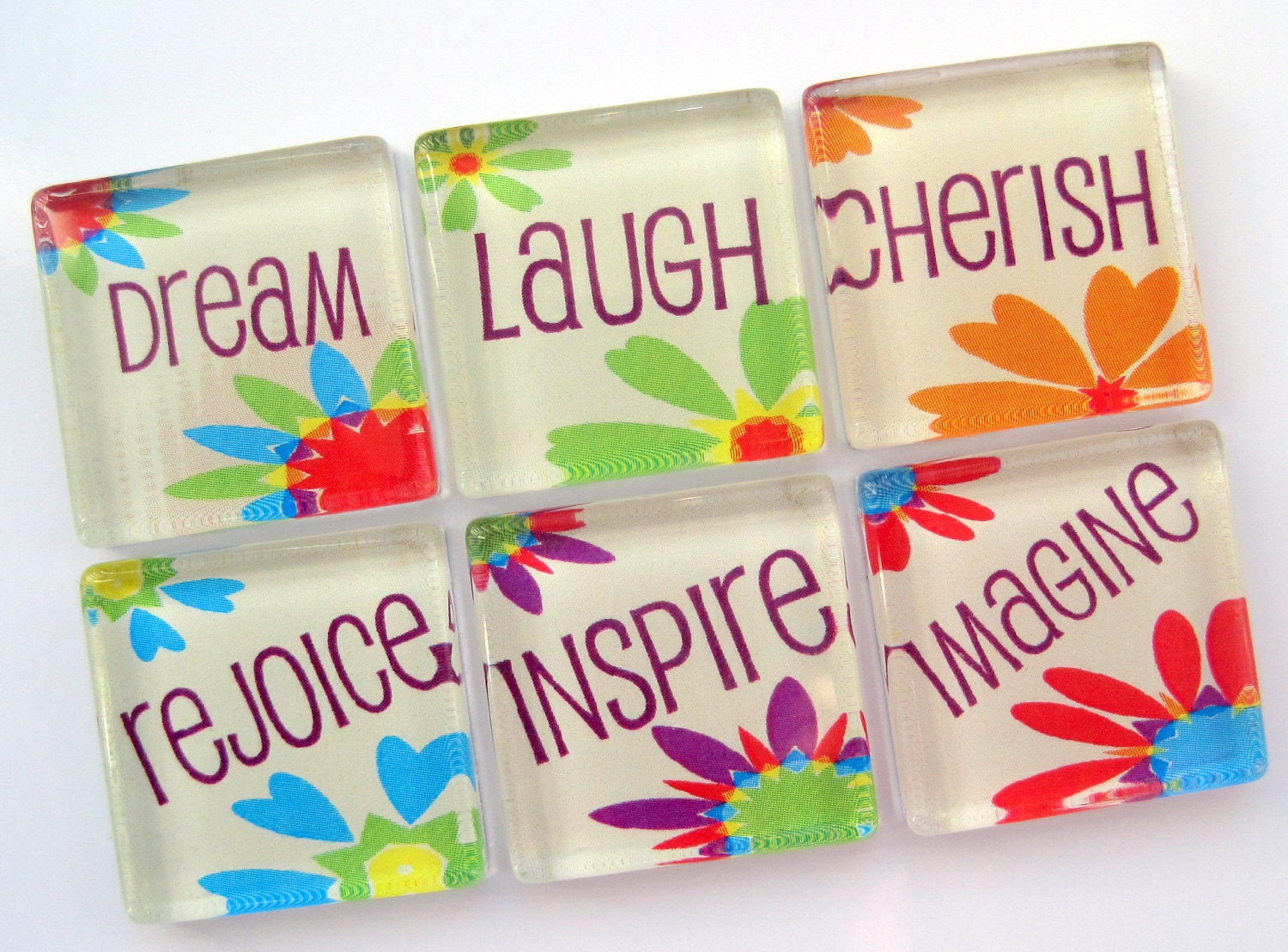 Inspirational Magnets - Happy - Set of Six 1 Inch Square Glass Magnets