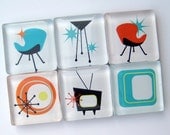 Mid Century Modern Magnets - Glass Magnets - Set of Six 1 Inch Square Strong Magnets