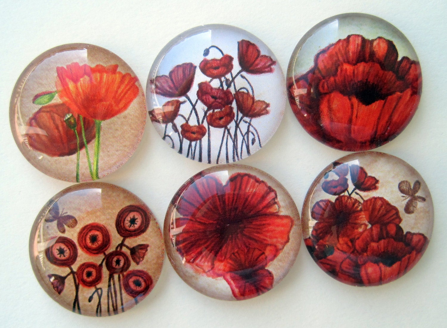 Magnets - Poppies - One Inch Premium Glass - Set of Six
