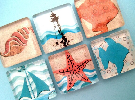 Beach Magnets - Seashells and Sailing - Inch Square Glass