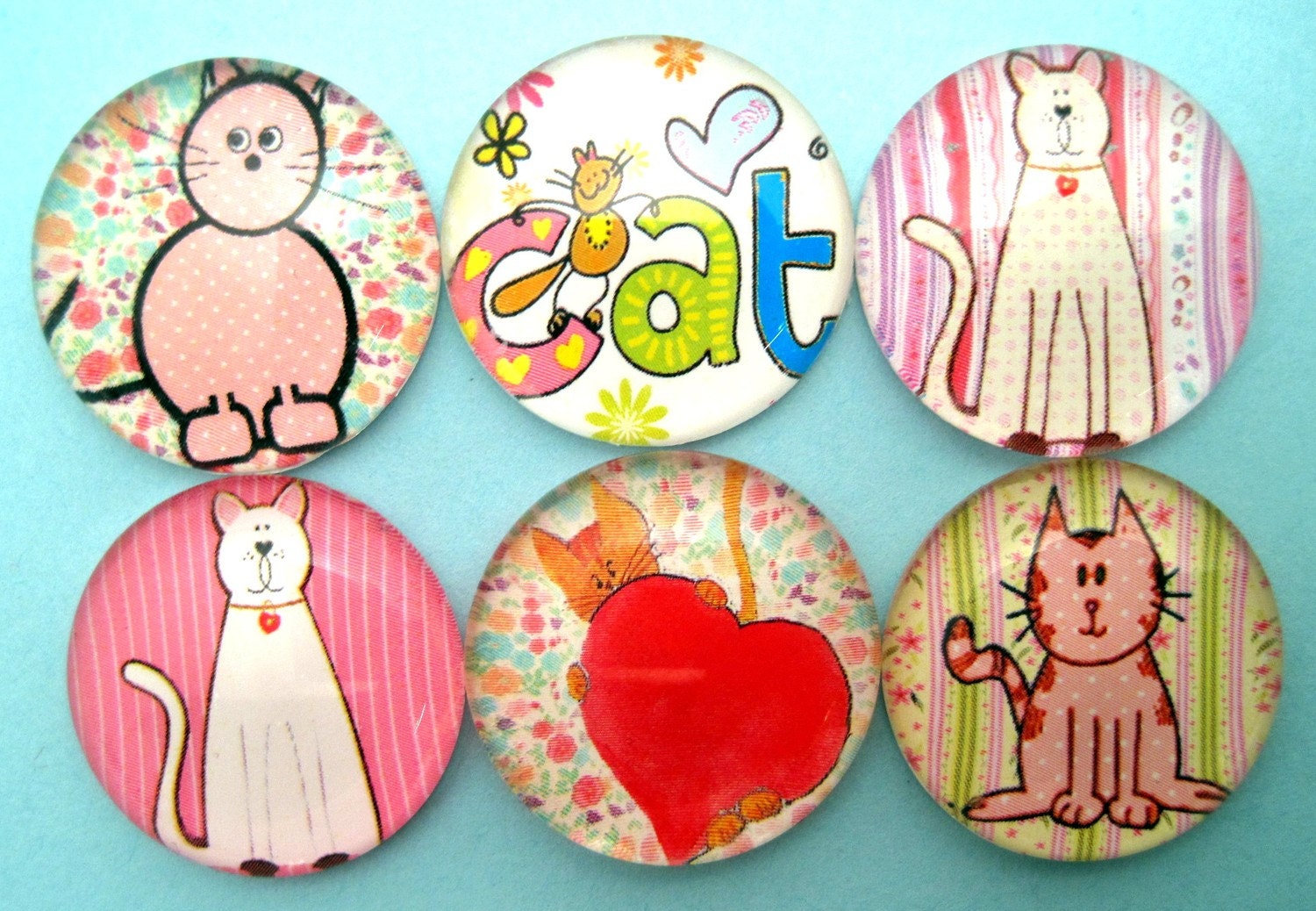 Cat Magnets - One Inch Round Domed Glass - Set of Six