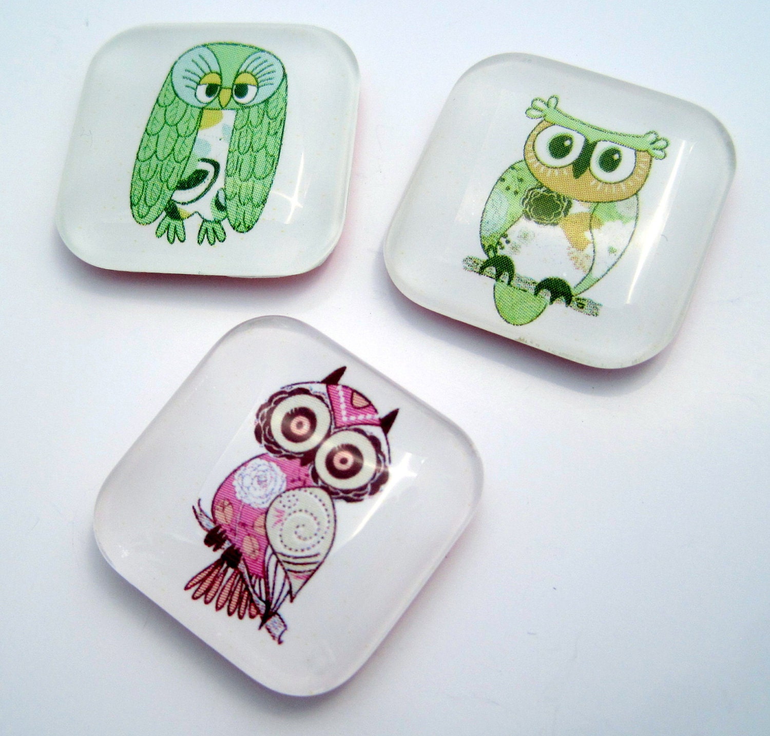 Owl Magnets - Pink and Green - Set of 3 One Inch Glass Magnets