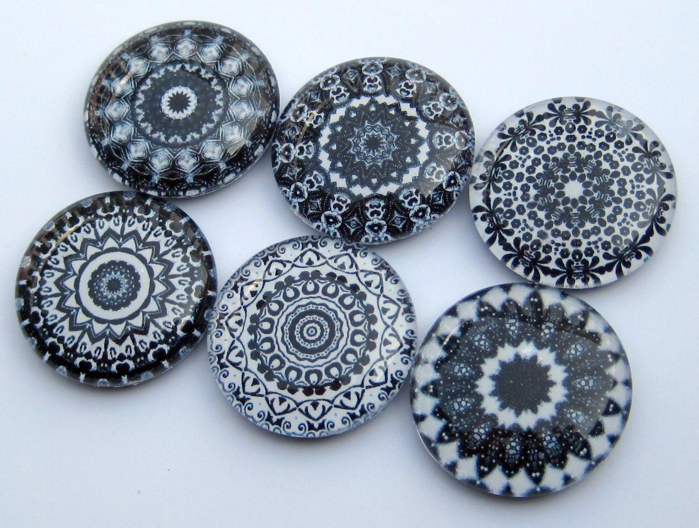 Mandala Magnets - Black and White - Set of Six One Inch Magnets