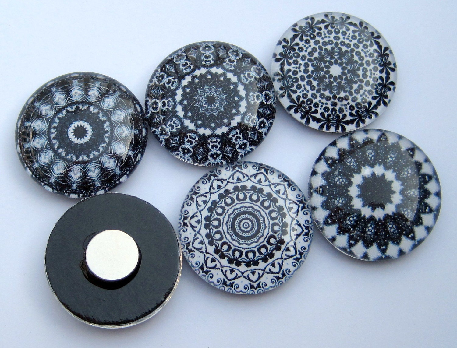 Mandala Magnets - Black and White - Set of Six One Inch Magnets