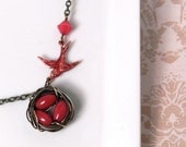 Birds Nest Necklace - Red Coral Bamboo - Antique Brass