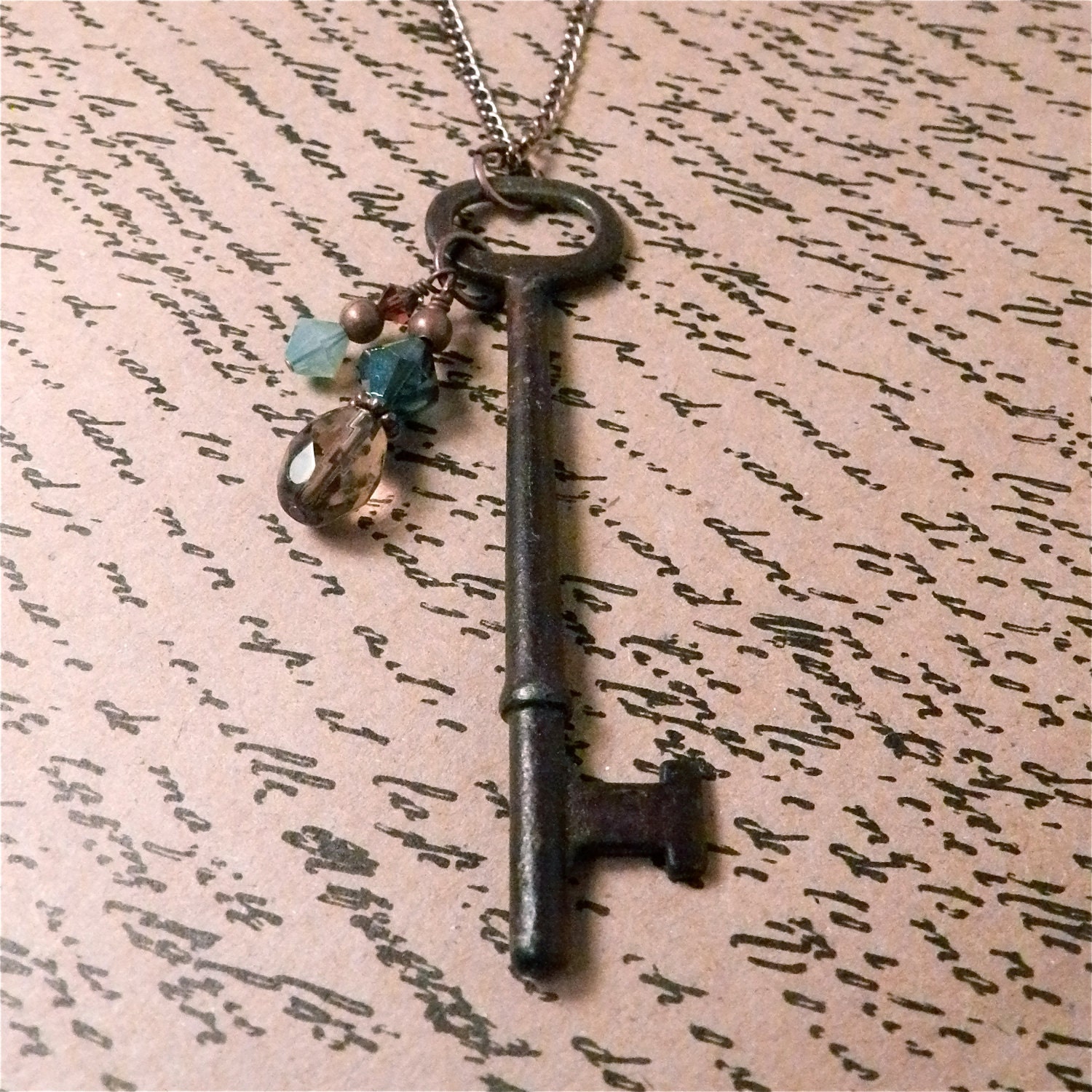 Old Soul Neckalce - Vintage Skeleton Key Necklace with Swarovski Crystals - Aqua, Topaz, Midnight Blue and Copper