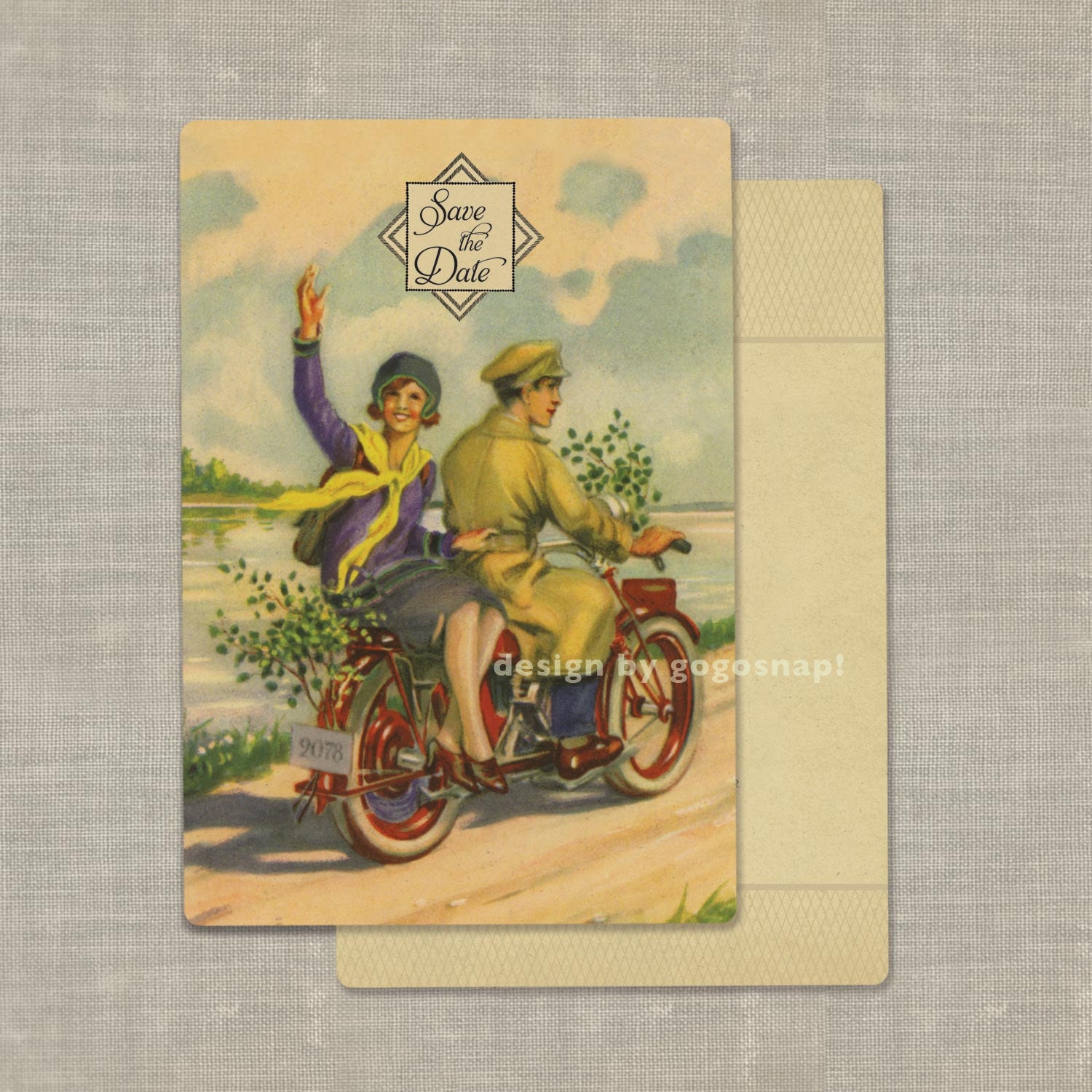100 Custom Vintage Deco Save the Date or Vintage Wedding Invitation Motorcycle Theme