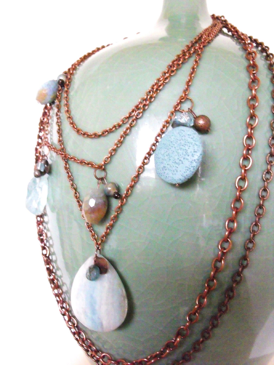 Oceana Necklace--Sky Blue Mix of Quartz, Lava Rock, Agate, Glass, Amazonite, Copper