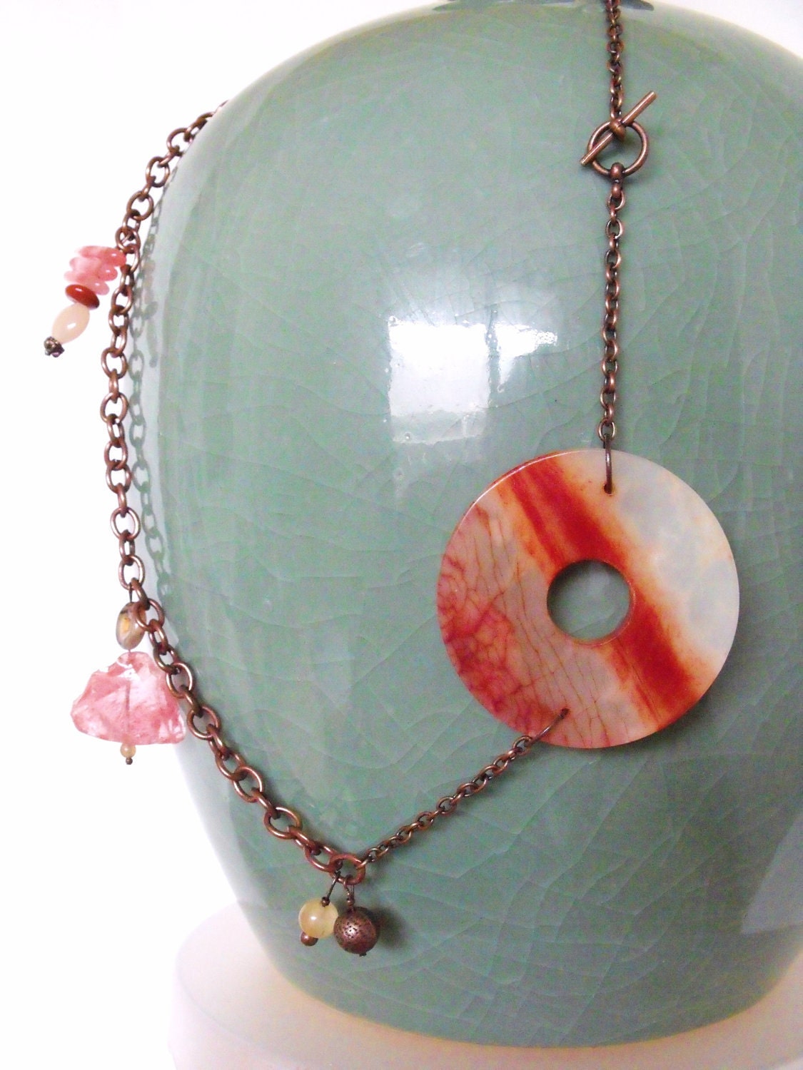 Sunset Necklace--Agate Donut Slice, Cherry Quartz, Mixed Gemstones, Copper, Desert Sunset