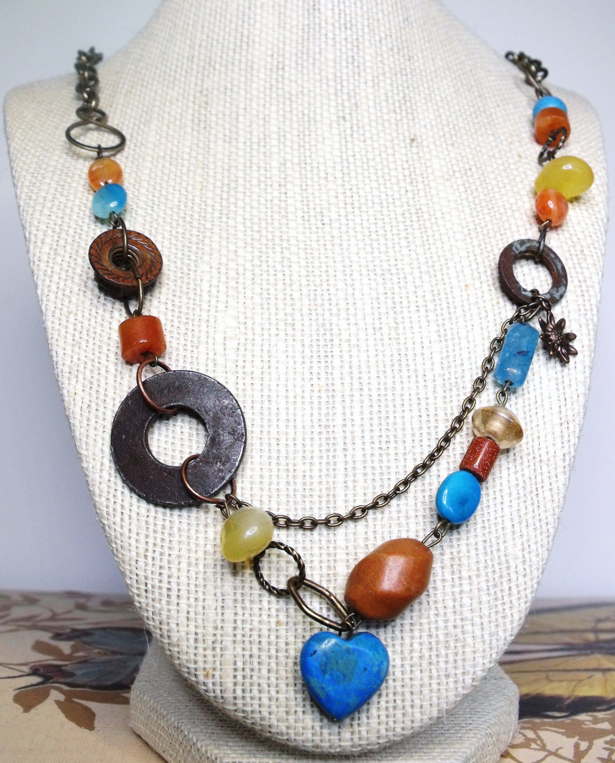Taos Necklace--Butterscotch Chalcedony,Turquoise, Upcycled Hardware, Matching Bracelet and Earrings Available
