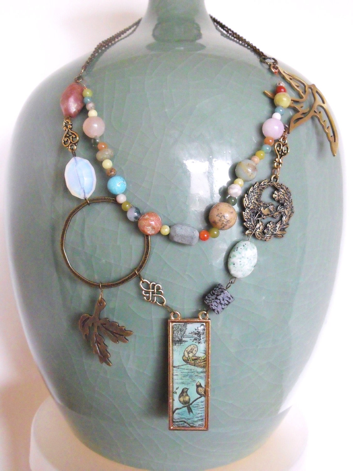Lazy River Necklace--Multicolored Gemstones, Birds, Enameled Pendant, Matching Earrings Available