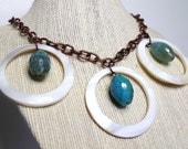 Dots and Loops Necklace--Cream Shell Hoops, Faceted Aqua Agate Drops, Copper