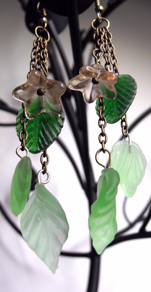 Indigenous Earrings--Frosted Green Glass Leaves, Peach Czech Pressed Glass Flowers, Antiqued Brass Chain Dangles, Spring, Nature