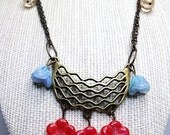 Regency Necklace--Czech Pressed Glass Flowers, Quartz, Antiqued Brass Filigree