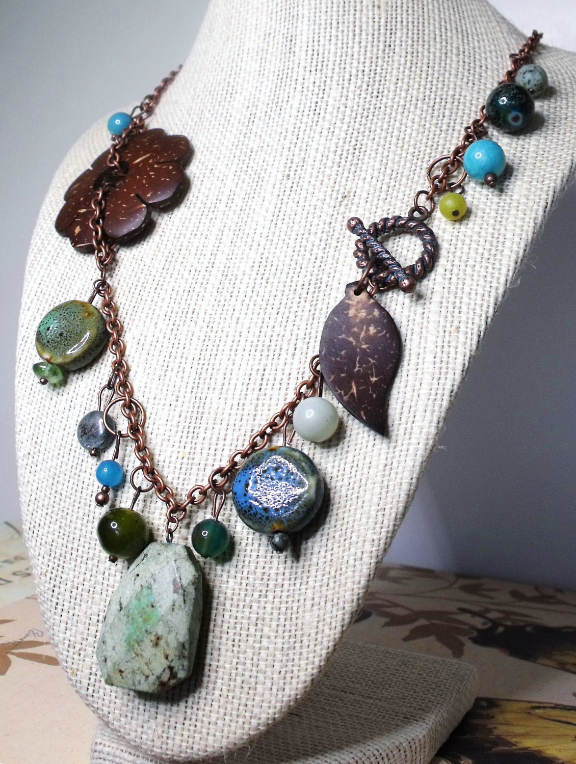 Botanika Necklace--Rough Gemstone, Coconut Shell, Mixed Beads, Matching Earrings Available