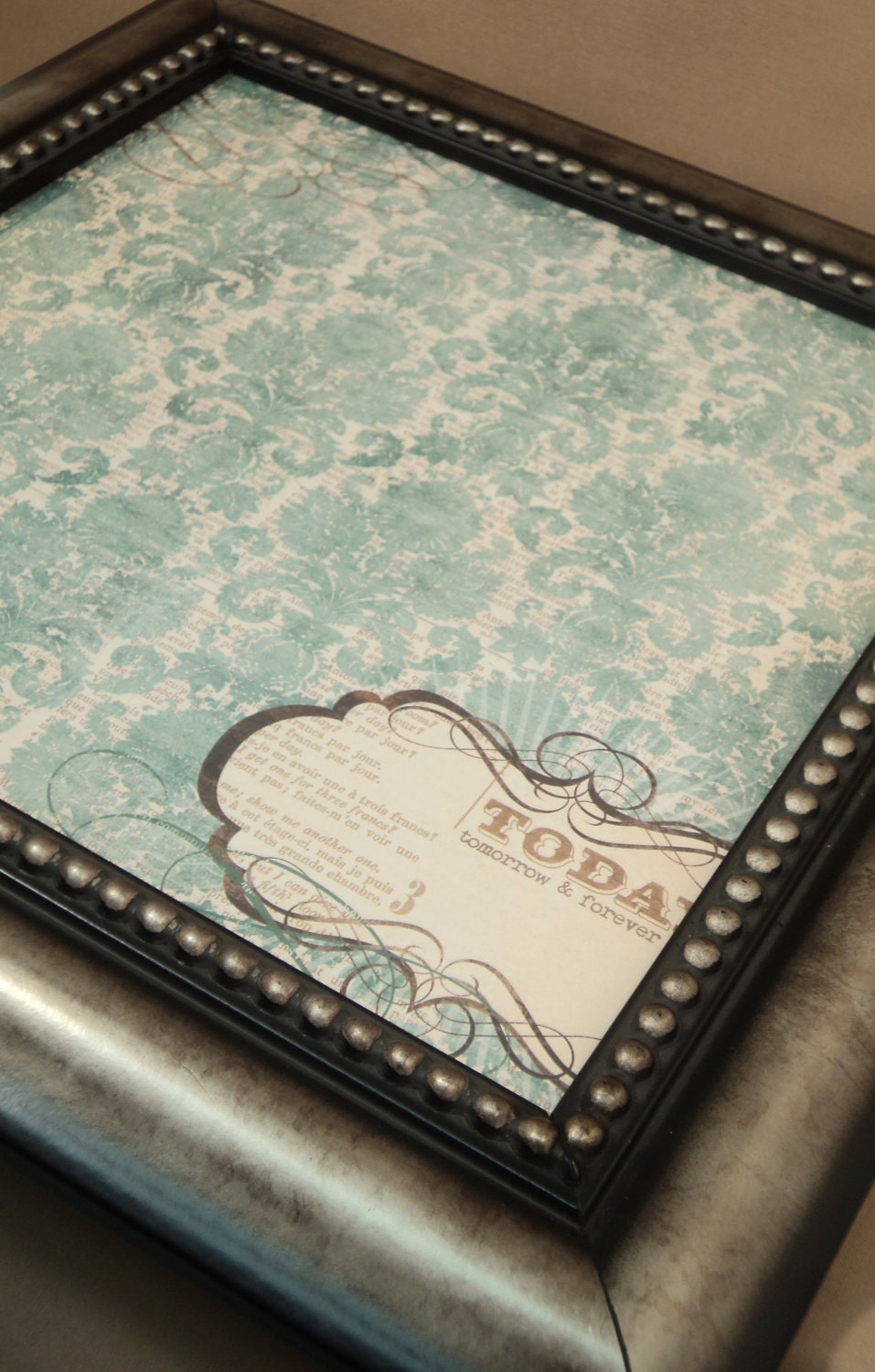 Wall Decor - Magnetic Board - Dry Erase Memo Board - Magnet Board - Framed Bulletin Board - Aqua Damask Design with Sentiment-magnets incl
