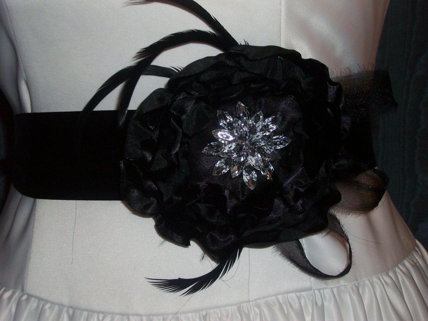 Bridal Sash, Flower Sash - Melanie Wedding Gown Sash/Belt with Full Layered Flower, Feathers, & jeweled center on satin ribbon