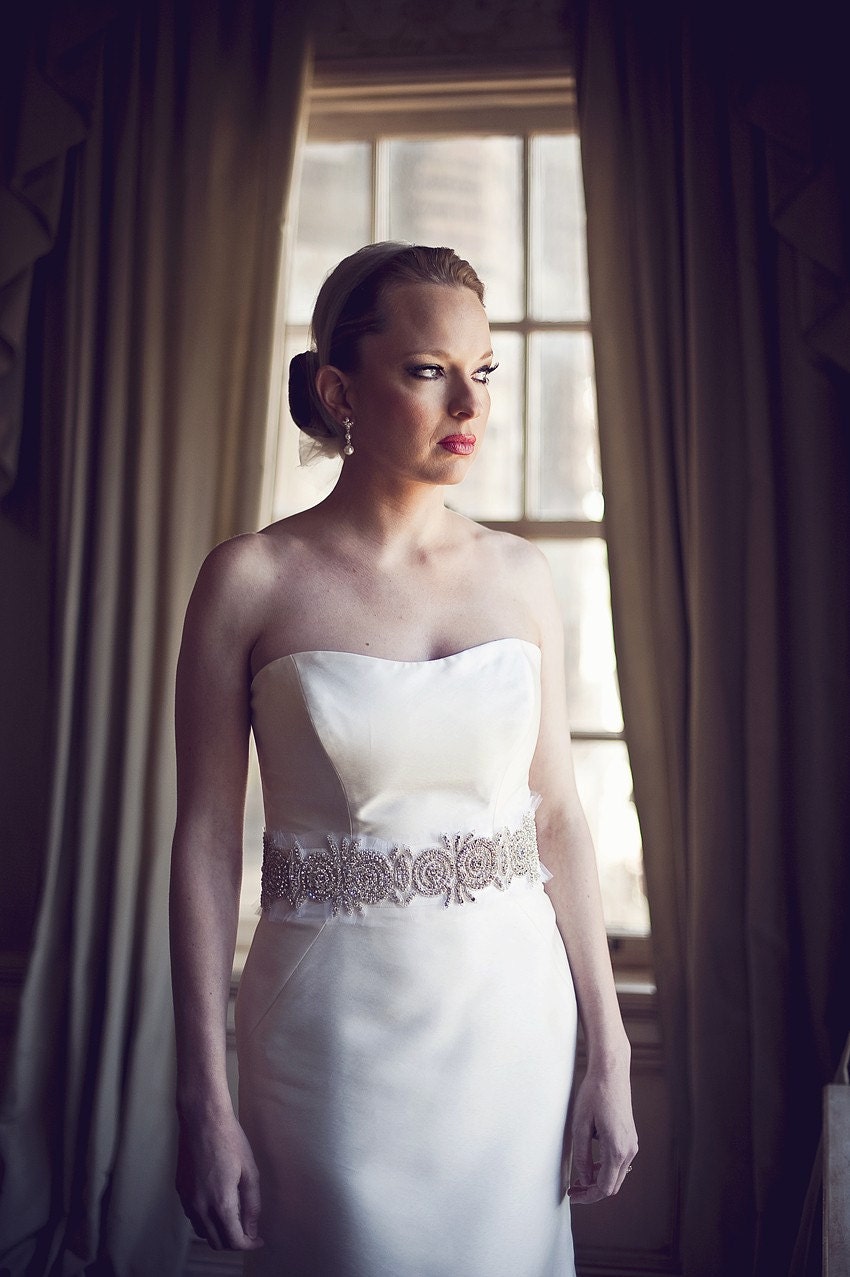 Crystal Sash, Bridal Sash - Chelsea, Vera Wang inspired wedding sash with crystals, silver beading and/or pearls with ribbon tie