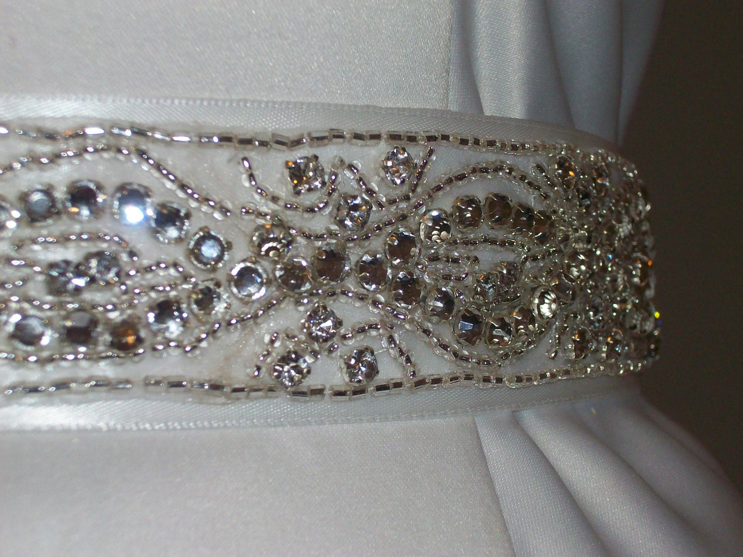 Crystal Beaded Bridal Sash - Renae Couture Crystal Wedding Gown Sash w Rhinestones, Swarovski Crystals &  Silver Glass Beading