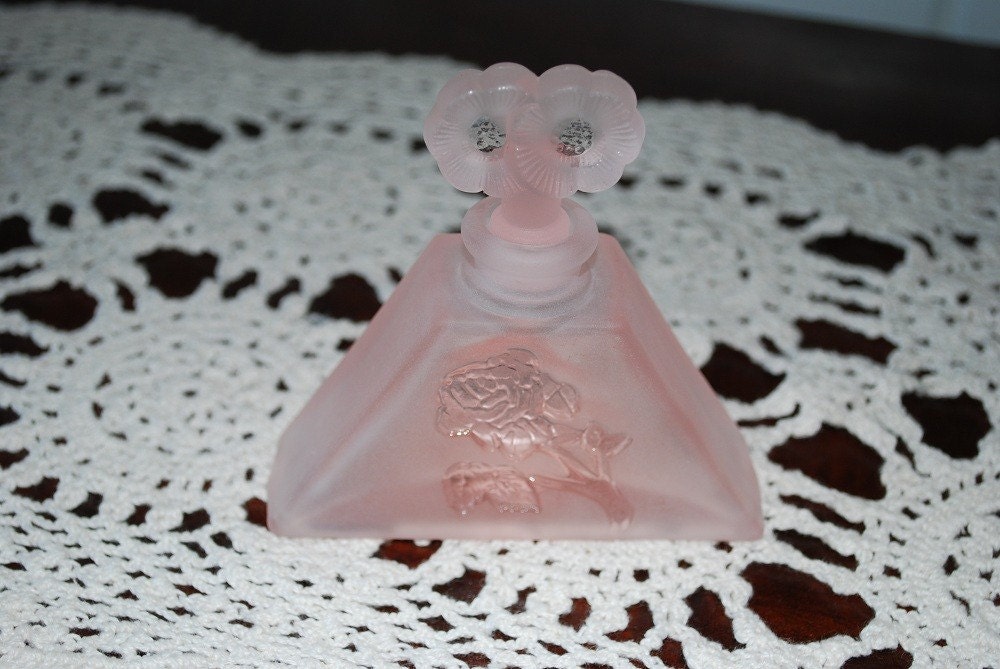 Vintage Pink Frosted Glass Perfume Bottle with Stopper