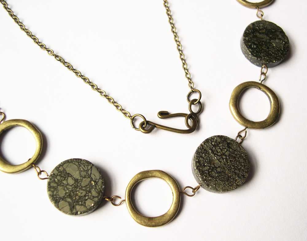 Stone Necklace - Stone Jewelry, Pyrite, Fool's Gold, Anitqued Brass, Mod, Modern Jewellery