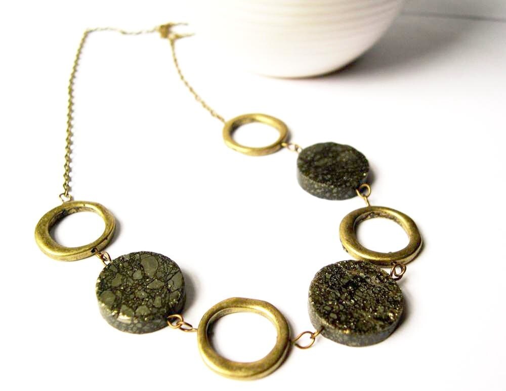 Stone Necklace - Stone Jewelry, Pyrite, Fool's Gold, Anitqued Brass, Mod, Modern Jewellery