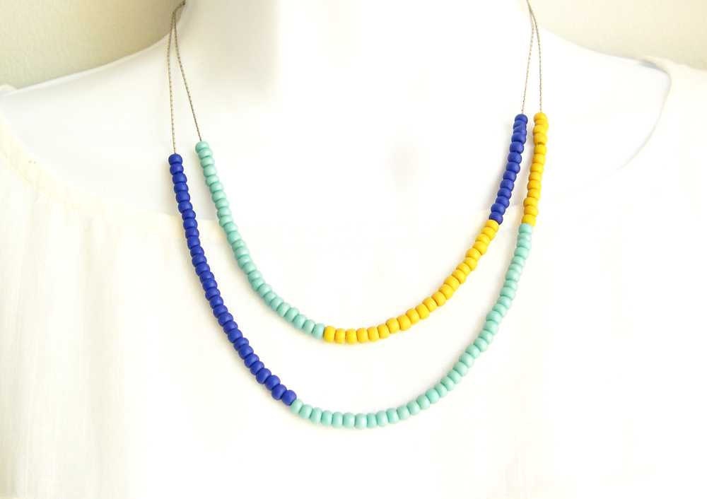 Reserved for Kerry - Color Block Necklace - Seed Beads, Czech Glass, Turquoise, Cobalt Blue, Yellow, Modern Jewelry, Multi Strand
