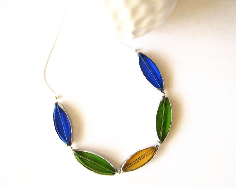 Contemporary Jewelry - Czech Glass Necklace, Sterling Silver, Royal Blue, Green, Amber Yellow, Modern Jewelry